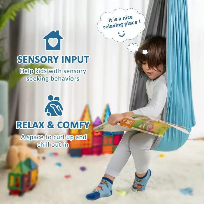 Double Layered Reversible Cotton/ Spandex Soft Sensory Swing. Blue & Grey. - Image 2