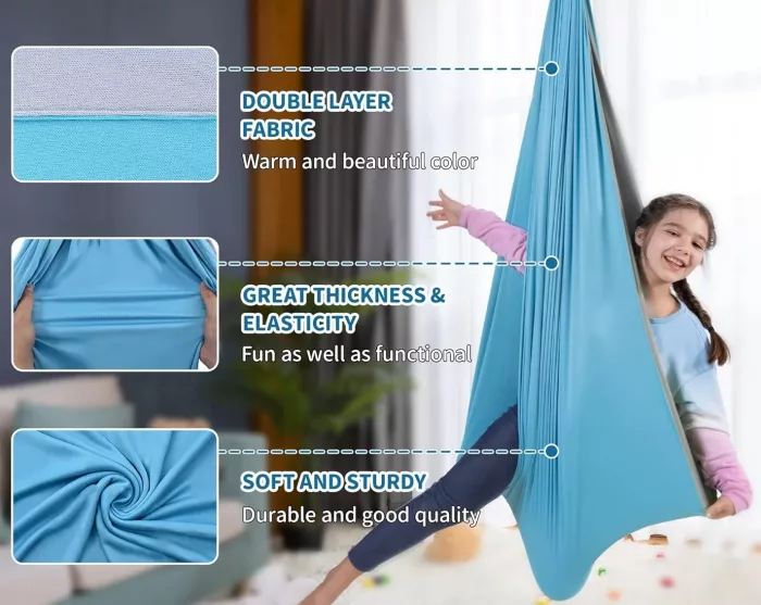 Double Layered Reversible Cotton/ Spandex Soft Sensory Swing. Blue & Grey. - Image 4