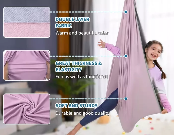 Double Layered Reversible Cotton/ Spandex Soft Sensory Swing. Pink & Grey. - Image 3