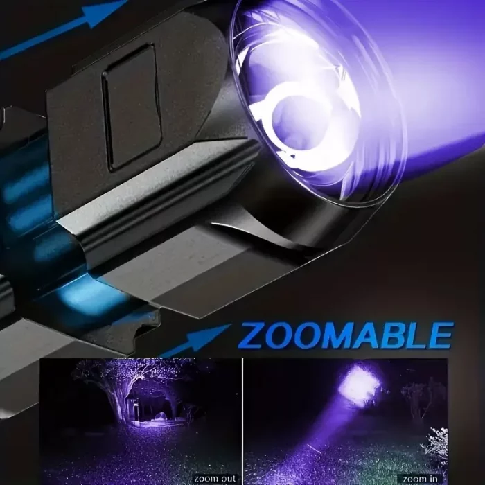 Black Flashlight, 800mAh, Zoomable USB Rechargeable UV Torch, 3 Modes Ultraviolet - Image 2
