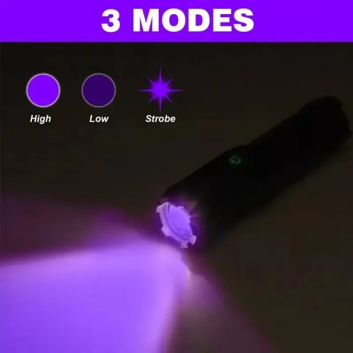 Black Flashlight, 800mAh, Zoomable USB Rechargeable UV Torch, 3 Modes Ultraviolet - Image 3