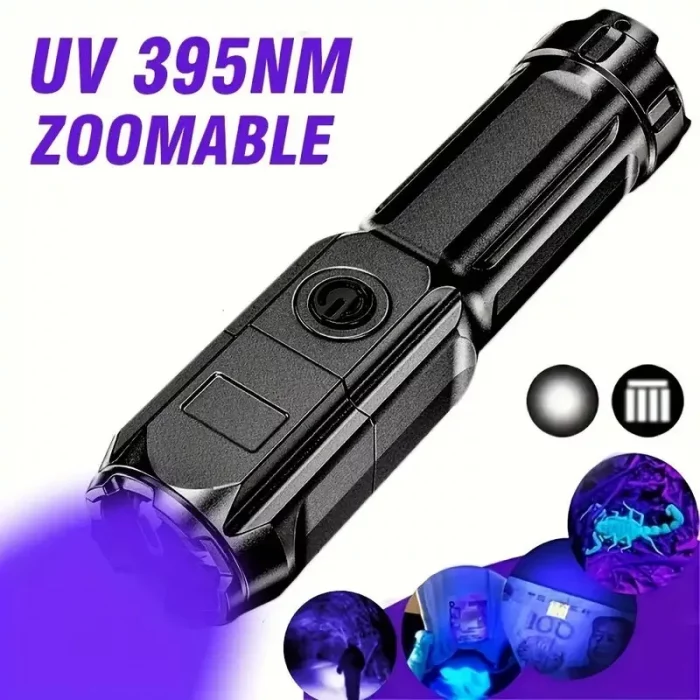 Black Flashlight, 800mAh, Zoomable USB Rechargeable UV Torch, 3 Modes Ultraviolet